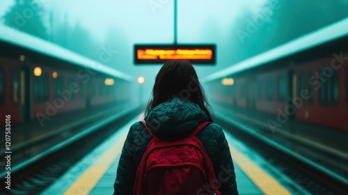 A solitary figure stands at a misty train station, embodying themes of solitude and anticipation as they await their journey amidst the beautifully foggy backdrop. photo