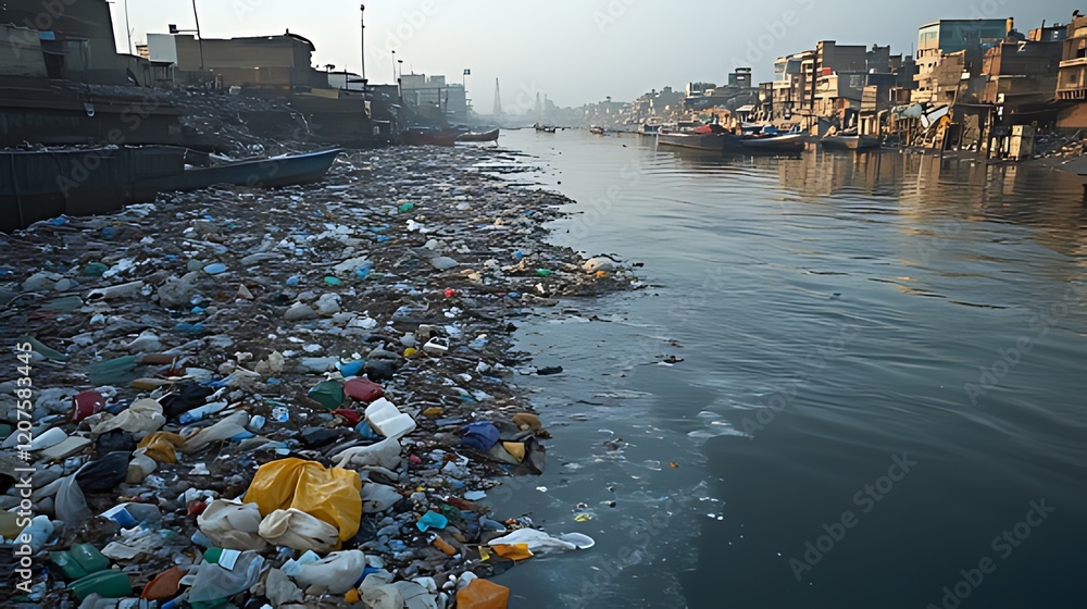 A river heavily polluted with plastic garbage and debris, with buildings and a tower in the background.