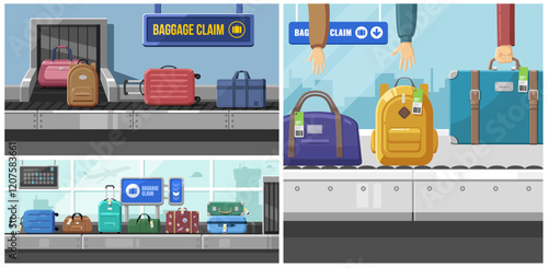 Airport conveyor belt with luggage bags. Suitcases on airport luggage conveyor belt. Travel bag