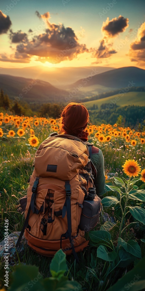 Fototapeta premium Woman Backpacker Sunset Sunflower Field Mountain Vista