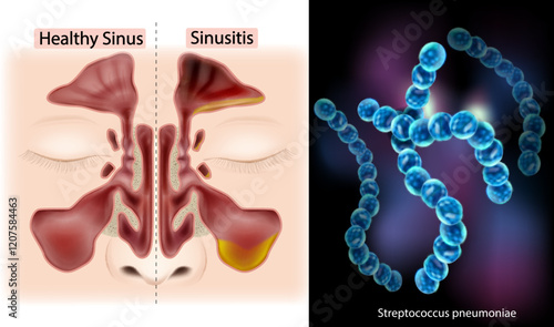 Comparison of Healthy Sinus and Sinusitis with Streptococcus Pneumoniae. Sinus Bacterial Infection Concept. Sinus Anatomy and Sinusitis 