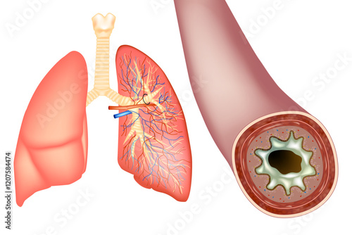 Bronchiectasis and  Increased secretion Mucus. Human bronchus in cross section with mucus. Bacterial Infection in the Lungs