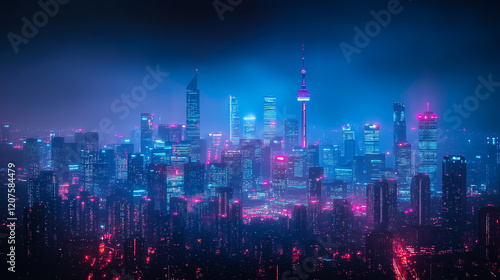 Wallpaper Mural City skyline illuminated by neon lights during nighttime in a vibrant urban setting Torontodigital.ca