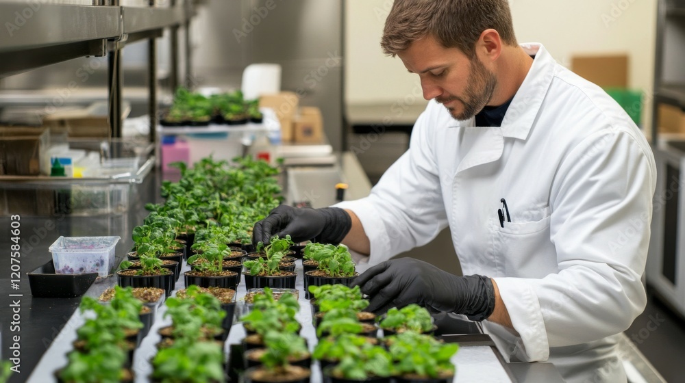 Focused scientist meticulously examining and cultivating plants in a controlled environment laboratory setting Focused scientist meticulously examining and cultivating plants in a controlled environment laboratory setting