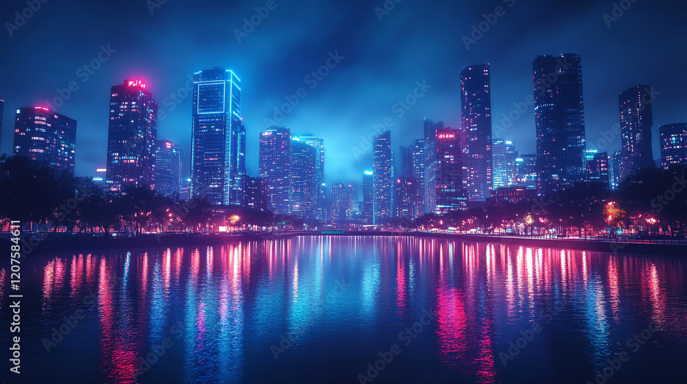 Fototapeta premium Cityscape reflecting colorful lights on the river at night with a foggy atmosphere