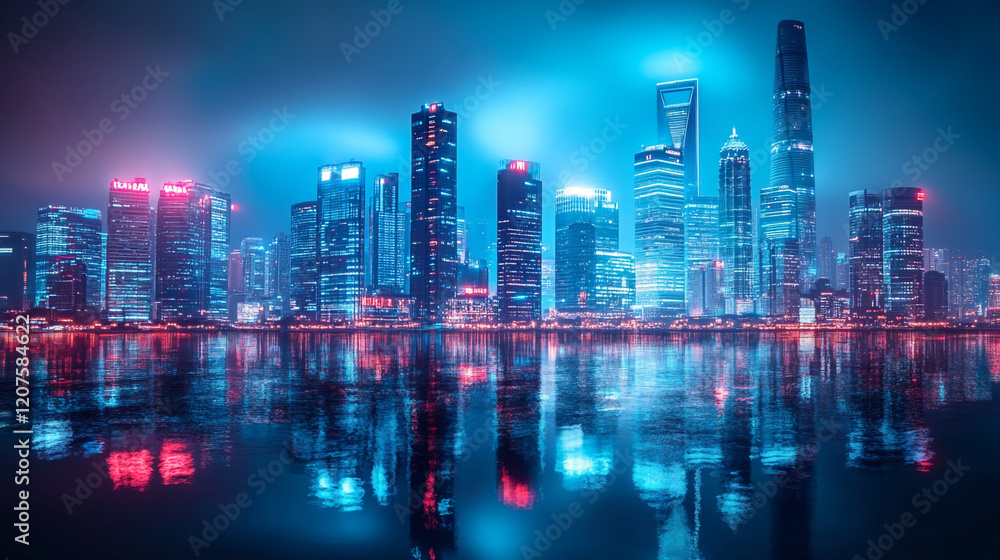 Dynamic skyline of a modern city illuminated by vibrant neon lights at night Dynamic skyline of a modern city illuminated by vibrant neon lights at night