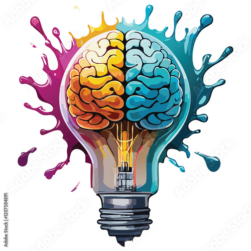 Vibrant illustration of a lightbulb containing a stylized brain, split into orange and teal halves, surrounded by colorful paint splatters