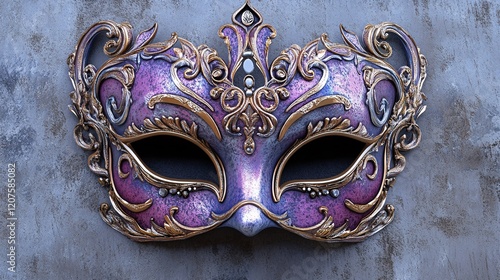 Elegant purple and gold Venetian mask with intricate designs, perfect for a masquerade ball. photo