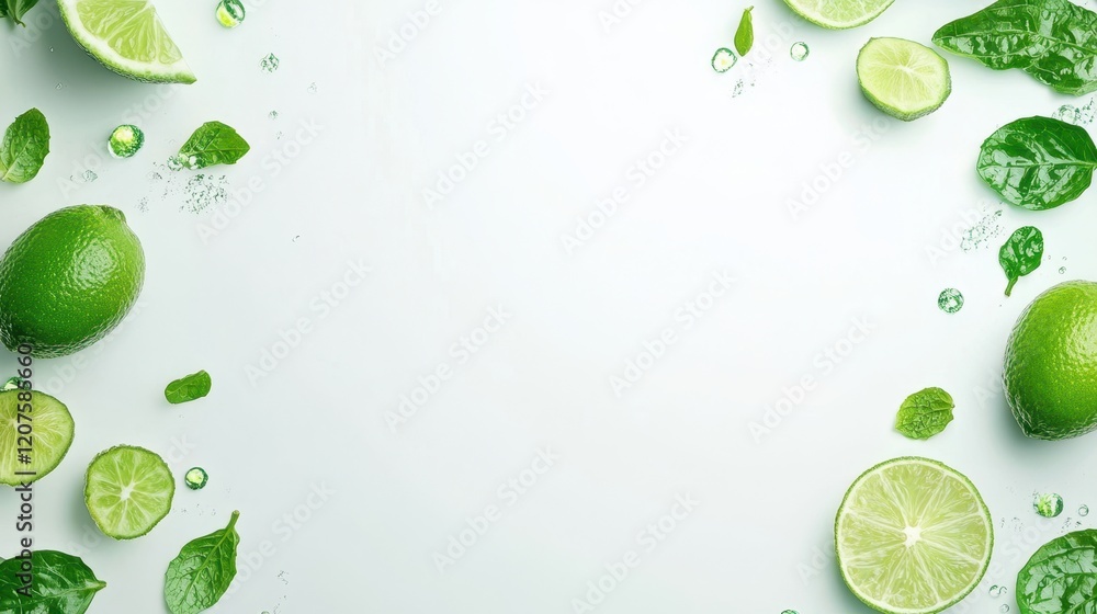 A vibrant cluster of limes rests atop a pristine white surface, surrounded by lush green leaves, radiating freshness and zest. A vibrant cluster of limes rests atop a pristine white surface, surrounded by lush green leaves, radiating freshness and zest.