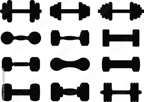 Dumbbell icon. Set of different dumbbell collection isolated on transparent background. Weight training equipment flat vector for exercise, sports hall, apps and websites. Black sign design.