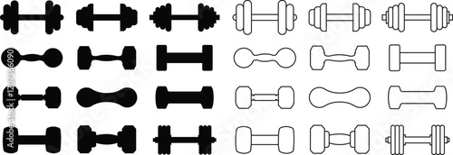 Dumbbell icon. Set of different dumbbell collection isolated on transparent background. Weight training equipment flat or line vector for exercise, sports hall, apps and websites. Black sign design.