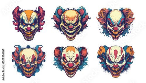 Angry evil clown cartoon vector set. Male monster scary grinning circus creepy head avatars character, horror movie make up nightmare demon creature person, isolated on white background