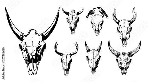 Animal skulls ink sketch vector set. Wildlife bones antlers horns teeth head tattoo skeleton remains ashes grave wild west outline drawings, isolated on white background