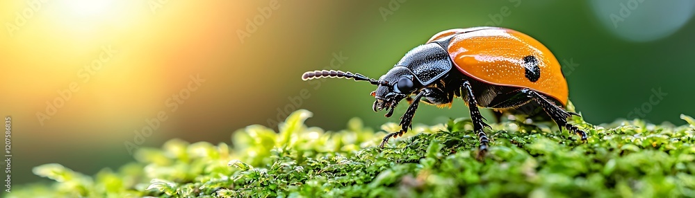 Naklejka premium Rare Stunning Beetle With Colorful Reflection on Mossy Surface