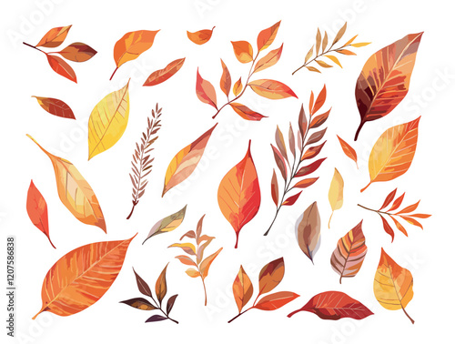 Autumn dry leaves watercolor vector set. Falling orange crisp leaf, seasons changes red foliage shit, seasonal drop flora isolated illustrations on white background