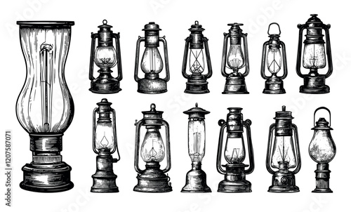 Barn old lamps engraving vector set. Lantern retro lightings with fuel mantle gas kerosene light bulbs, grayscale hand drawn ink sketch isolated vectors on white background