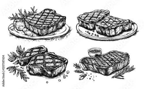 Bbq roast meat engraving vector set. Paper plate wooden desk steak salt spices fried food, hand drawn monochrome grayscale retro ink sketch isolated vectors on white background