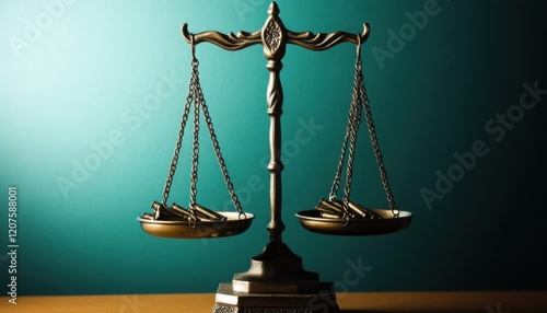 A balance scale holding resources and weapons