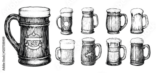 Beer mug engraving vector set. Pub beverages foamy ale etched bar vessels carved tankard, party holiday anniversary hand drawn drinking accessory isolated vectors on white background