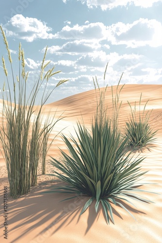 Desert Oasis Plants Lush Green Foliage Against Sandy Dunes Under Blue Sky photo