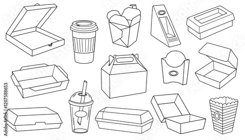 Cardboard food boxes outline set. Takeaway containers. Paper and plastic takeaway containers set. Empty snack packaging. Carton disposable, recyclable packs. Vector illustrations isolated
