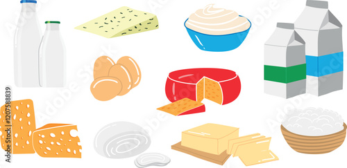 A set of dairy products on a white background: milk, cheese, eggs, sour cream, cottage cheese, butter, kefir