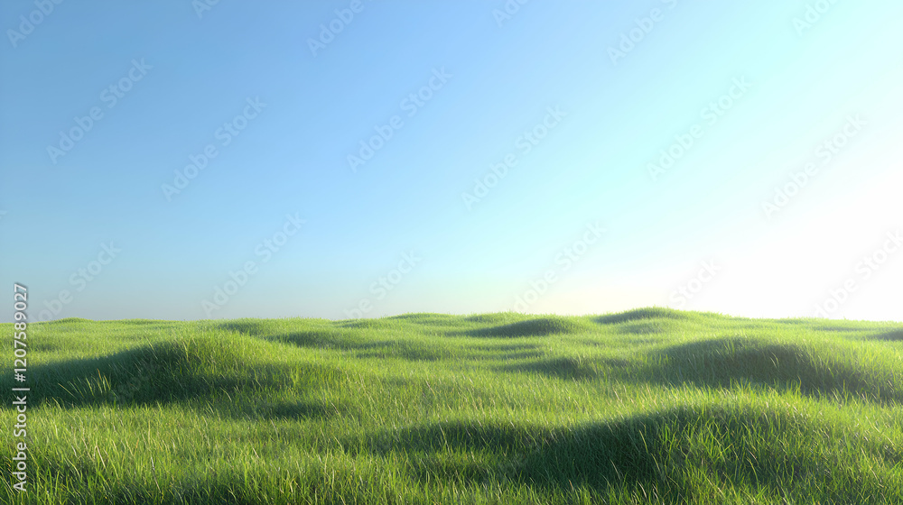 Obraz premium Lush Green Grassland Under Clear Blue Sky with Gentle Hills