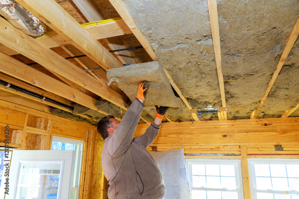 Fototapeta premium Contractor is carefully placing insulation panels into ceiling framework of newly built house.