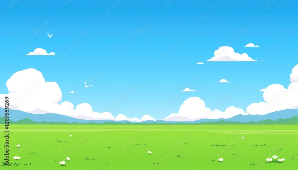 Serene Meadow Landscape Under Blue Sky With Birds Serene Meadow Landscape Under Blue Sky With Birds