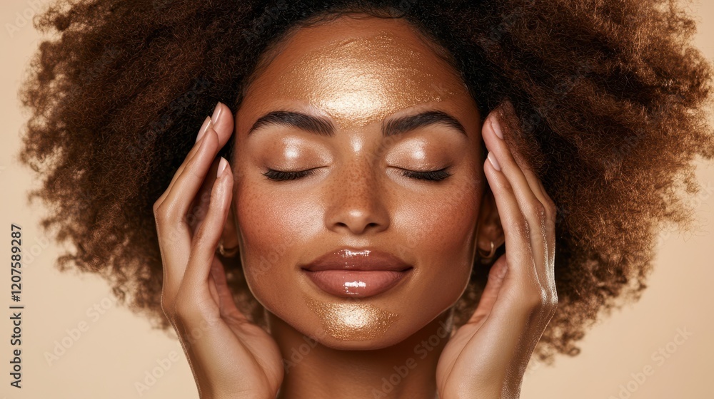 Obraz premium A radiant woman adorned with shimmering golden makeup, her face aglow with an ethereal light, embodies elegance and beauty in a mesmerizing display of artistry.