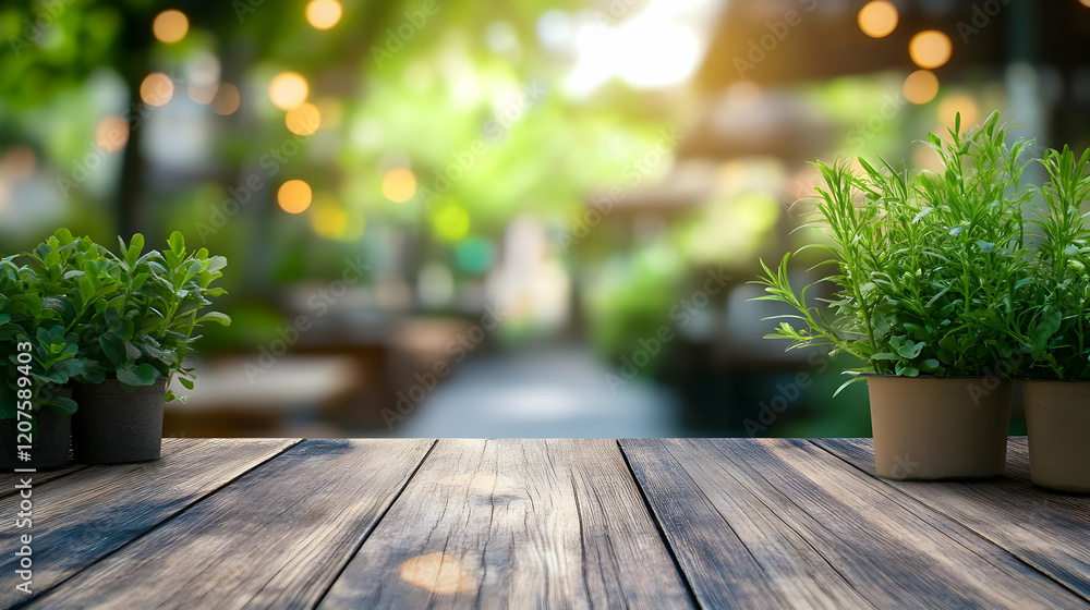 Serene Outdoor Setting with Potted Plants and Warm Bokeh Lighting Serene Outdoor Setting with Potted Plants and Warm Bokeh Lighting