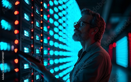 IT specialist inspecting server rack in data center.