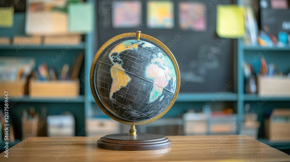 The globe in the classroom is used to teach geography. Vintage globe on a wooden table in a classroom setting with a chalkboard background. The globe in the classroom is used to teach geography. Vintage globe on a wooden table in a classroom setting with a chalkboard background.