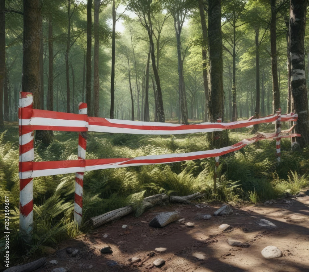 Barrier with red and white stripes in a forest or woodland environment, red and white striping, forest boundary Barrier with red and white stripes in a forest or woodland environment, red and white striping, forest boundary