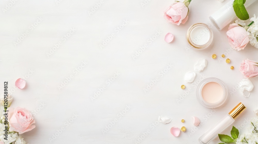 A pristine white table adorned with a vibrant bouquet of flowers, complemented by an elegant bottle of cream, radiates beauty and tranquility. A pristine white table adorned with a vibrant bouquet of flowers, complemented by an elegant bottle of cream, radiates beauty and tranquility.
