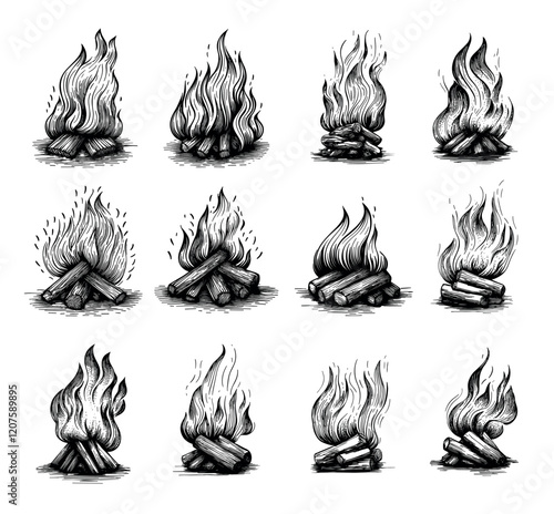 Camp fire engraving vector set. Flame bonfire wooden tourism timber nature trunks light spot, hand drawn black ink sketch isolated on white background