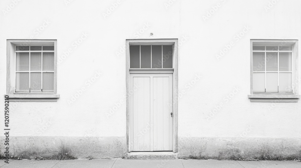 Minimalist monochrome photo of a white building's facade with a central door and two flanking windows. Minimalist monochrome photo of a white building's facade with a central door and two flanking windows.