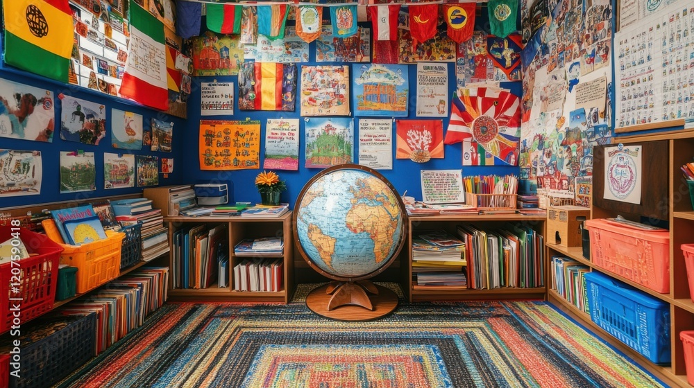 The globe in the classroom is used to teach geography. Colorful classroom with a globe, maps, and educational decor on the walls. The globe in the classroom is used to teach geography. Colorful classroom with a globe, maps, and educational decor on the walls.