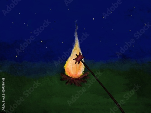 A nighttime scene with a crackling fire with a sausage roasting on a stick, evoking the essence of camping.