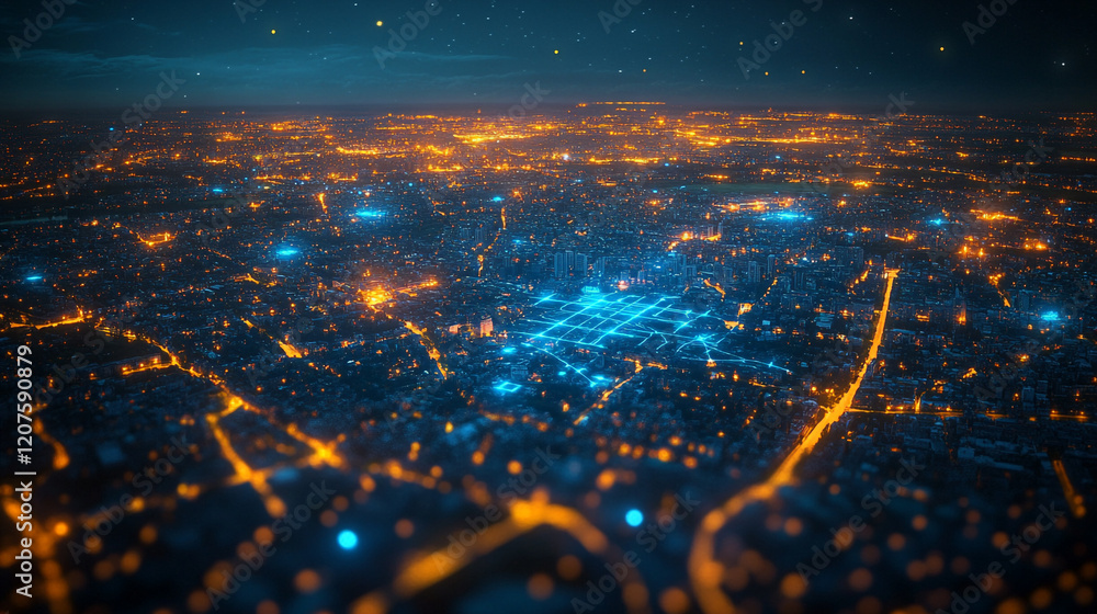 City illuminated at night showcasing a network of lights and streets from an aerial view City illuminated at night showcasing a network of lights and streets from an aerial view