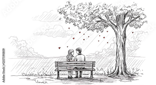 Romantic Hand-Drawn Sketch of Couple on Bench Under Tree . photo