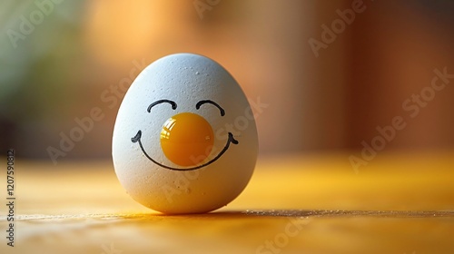 A beautiful winking emoji painted on an egg standing alone in blurry background