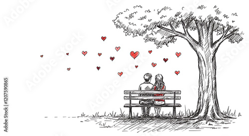 Romantic Hand-Drawn Sketch of Couple on Bench Under Tree . photo