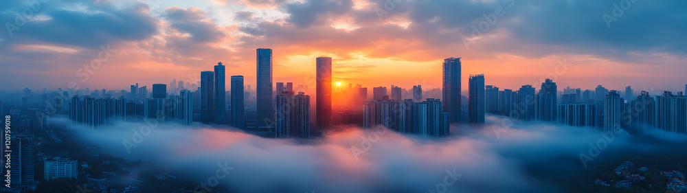 Fototapeta premium a metropolis at dawn, shrouded in a light mist. Morning sunlight pierces through the haze, highlighting modern architecture