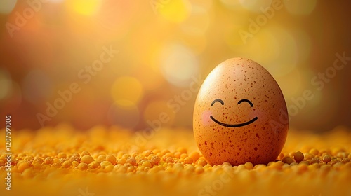 A winking emoji painted on an egg standing alone on dusted surface with dark blurry background 