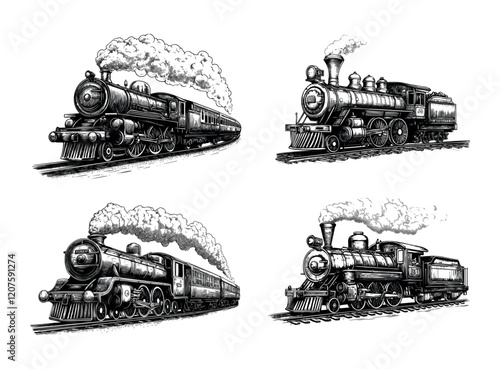 Coal powered steam train engraving vector set. Old clouds locomotive railway wagons carriage, passengers logistic vintage transportation express, hand drawn monochrome black isolated vectors