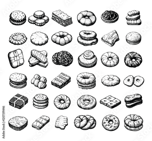 Cookies engraving vector set. Oatmeal shortbread chocolate biscuits biscotti lemon tasty flour baking food macarons sweats, vintage black ink sketch hand drawn isolated vectors on white background