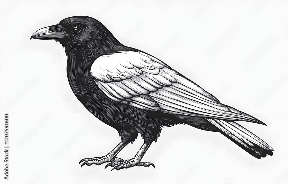 Fototapeta premium illustration of a crow, full-body side view, isolated on a white background