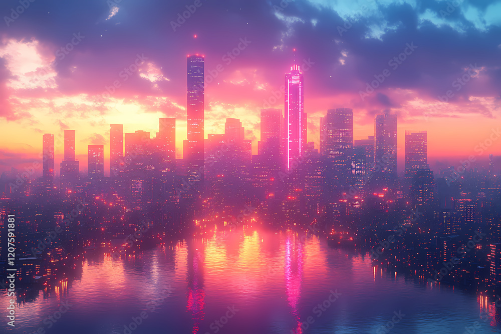 Fototapeta premium Cityscape under a deep sapphire sky, with neon lights and reflections in the water 