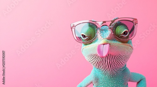 A quirky lizard with glasses playfully sticking out its tongue against a vibrant pink background. photo